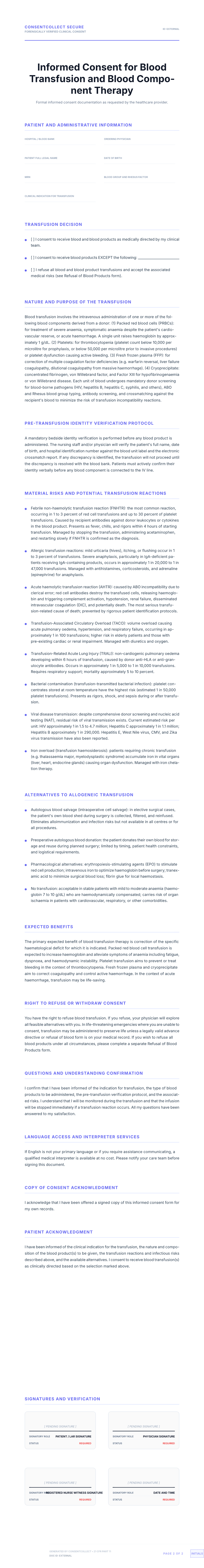 Professional medical consent form template for Blood Transfusion