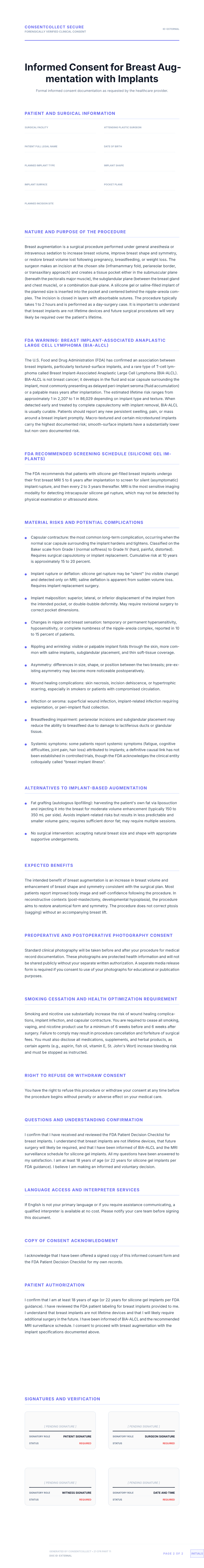 Professional medical consent form template for Breast Augmentation