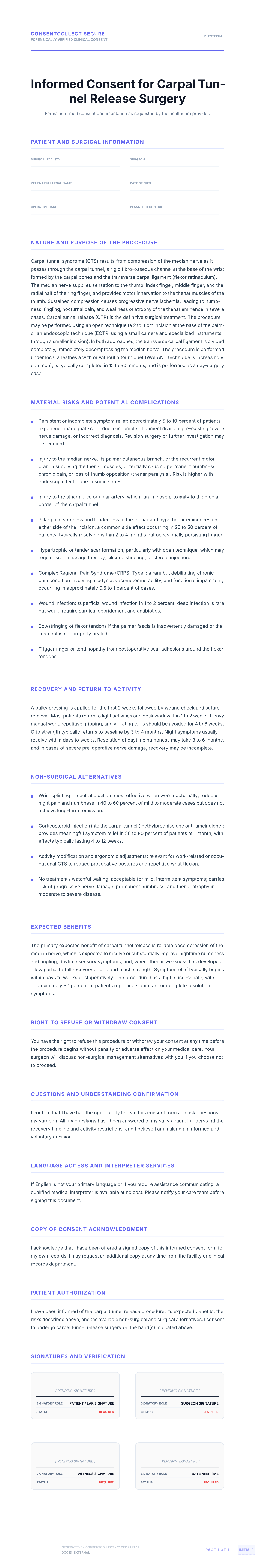 Professional medical consent form template for Carpal Tunnel Release