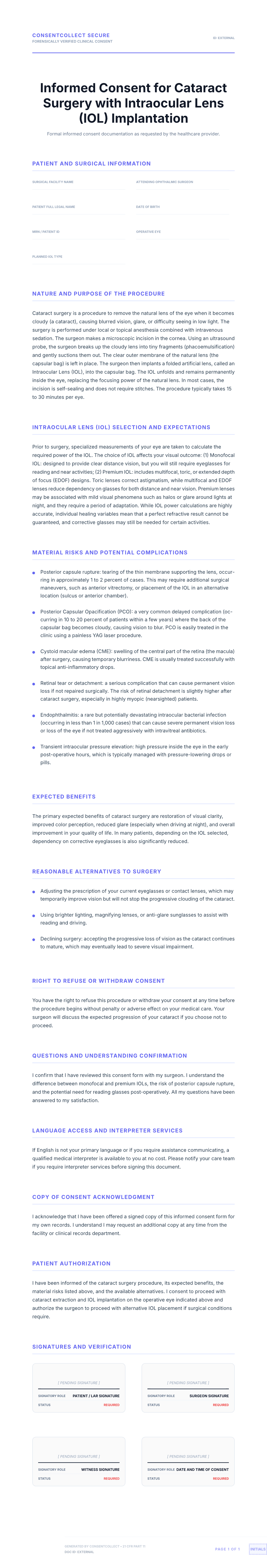 Professional medical consent form template for Cataract Surgery with IOL
