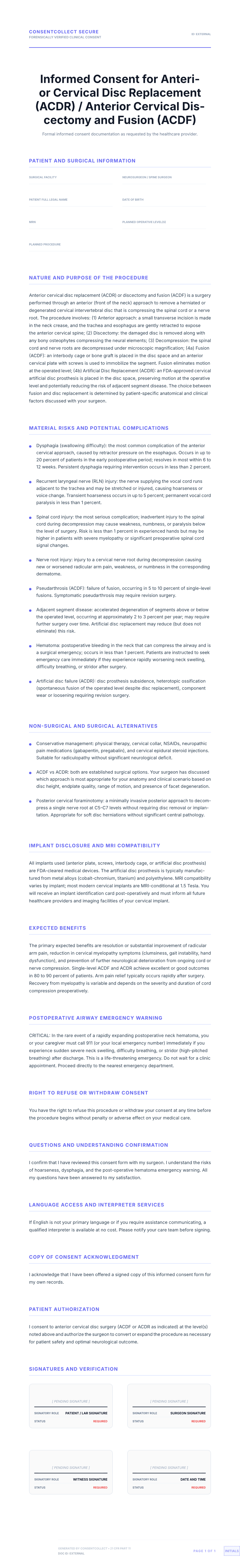 Professional medical consent form template for Cervical Disc Replacement (ACDR)