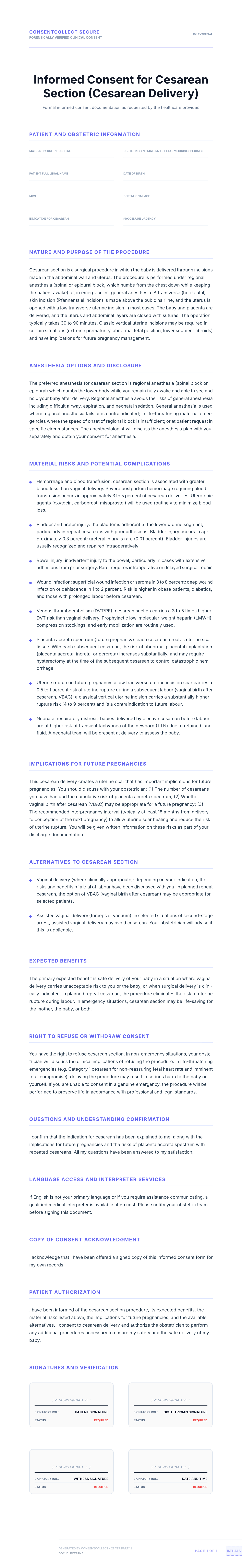 Professional medical consent form template for Cesarean Section (C-Section)