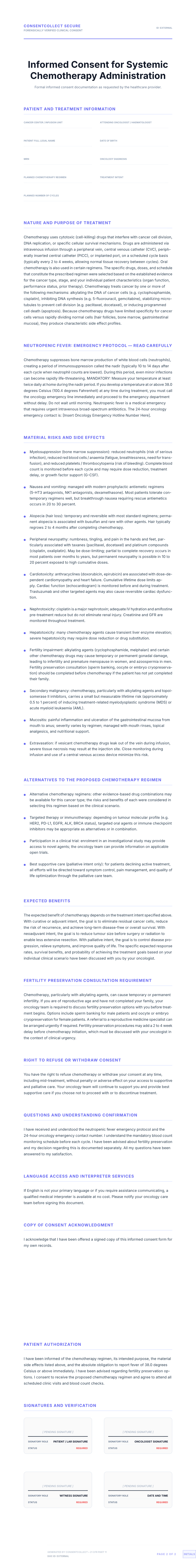 Professional medical consent form template for Chemotherapy Administration