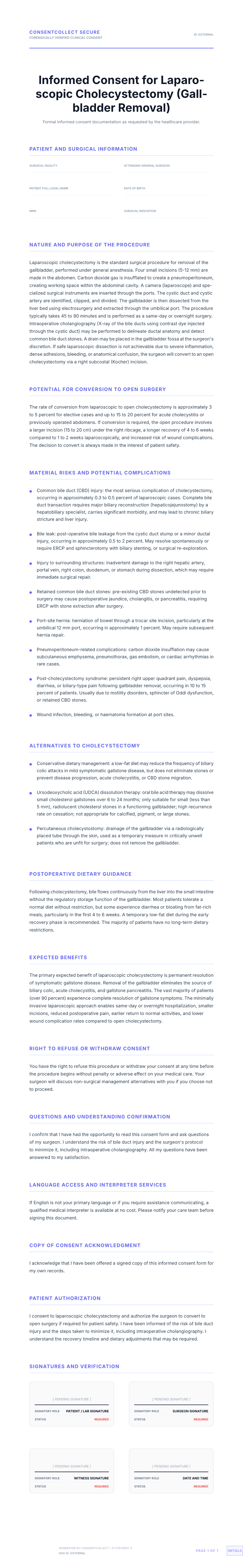 Professional medical consent form template for Laparoscopic Cholecystectomy