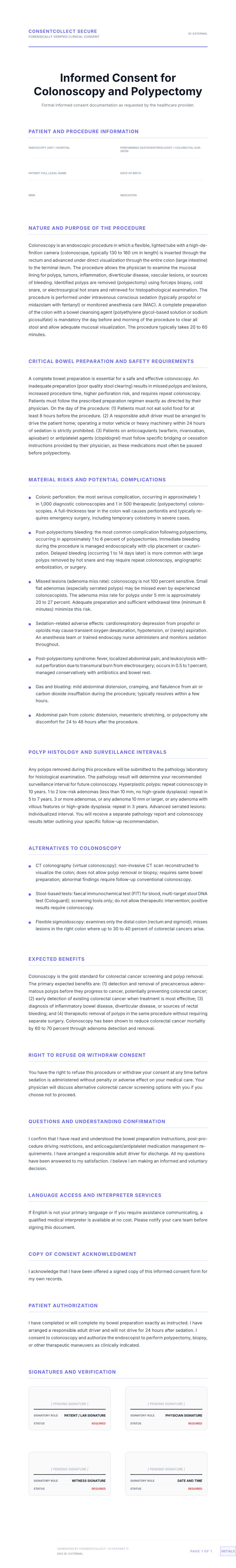Professional medical consent form template for Colonoscopy with Polypectomy