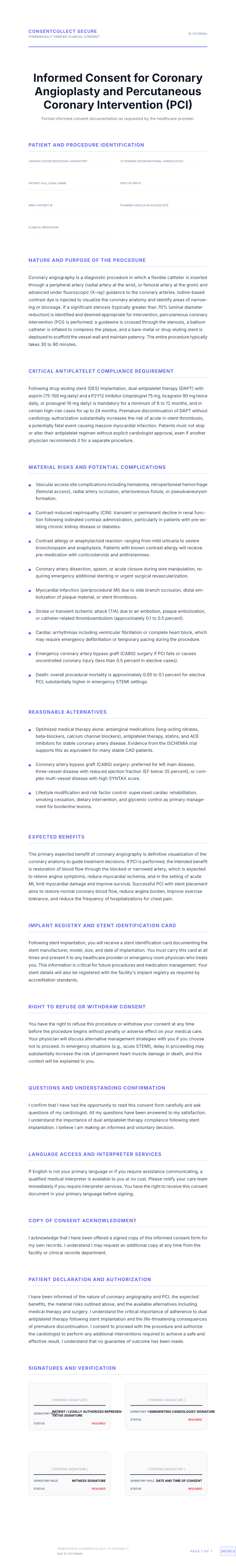 Professional medical consent form template for Coronary Angioplasty (Stent)