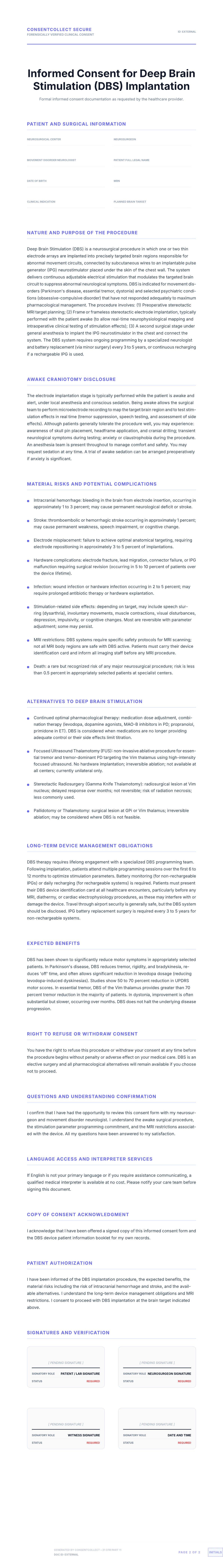 Professional medical consent form template for Deep Brain Stimulation