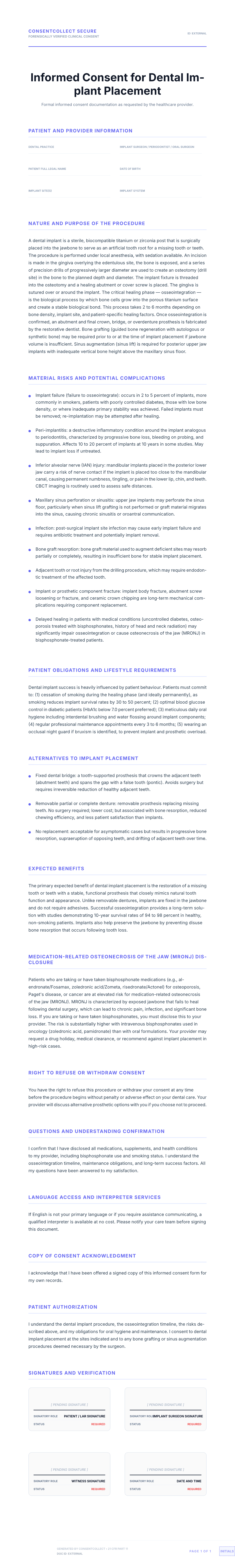 Professional medical consent form template for Dental Implant Placement