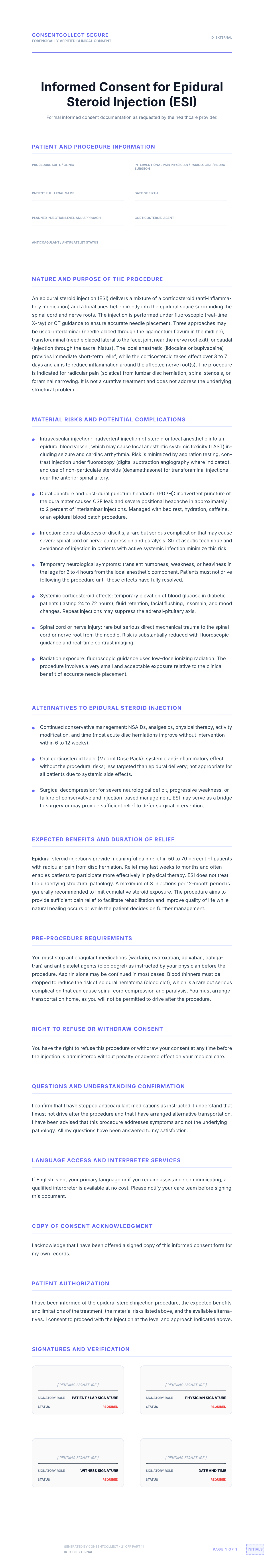 Professional medical consent form template for Epidural Steroid Injection