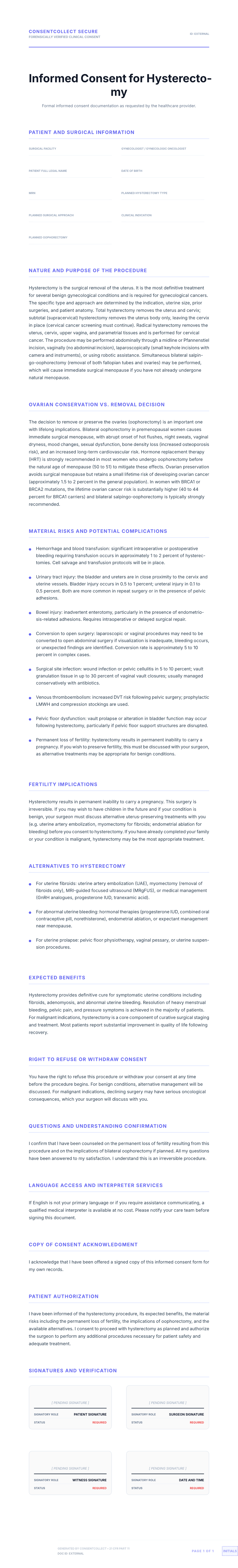 Professional medical consent form template for Hysterectomy
