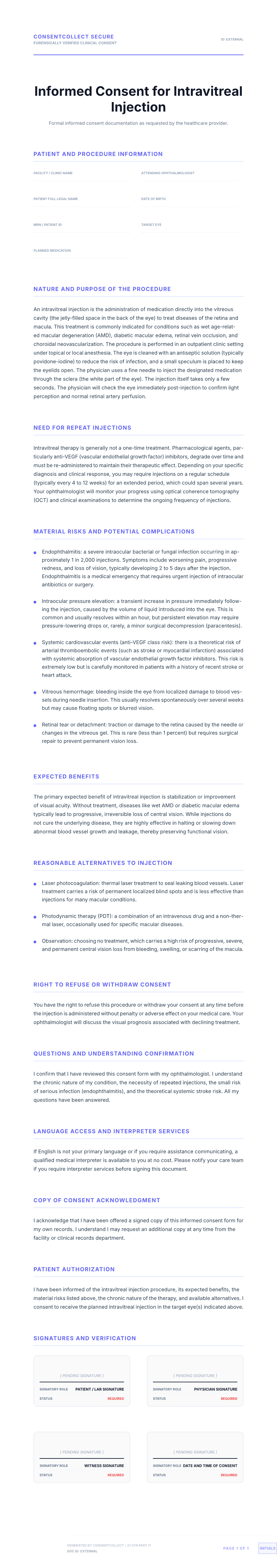Professional medical consent form template for Intravitreal Injection