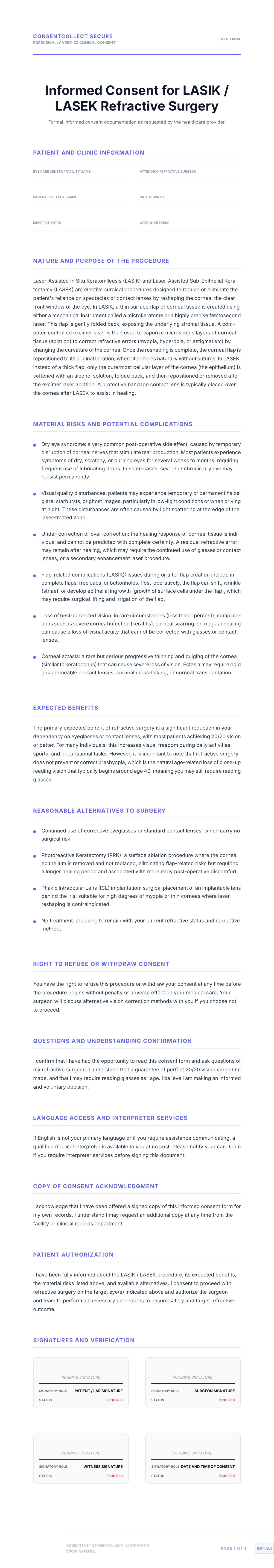 Professional medical consent form template for LASIK Refractive Surgery