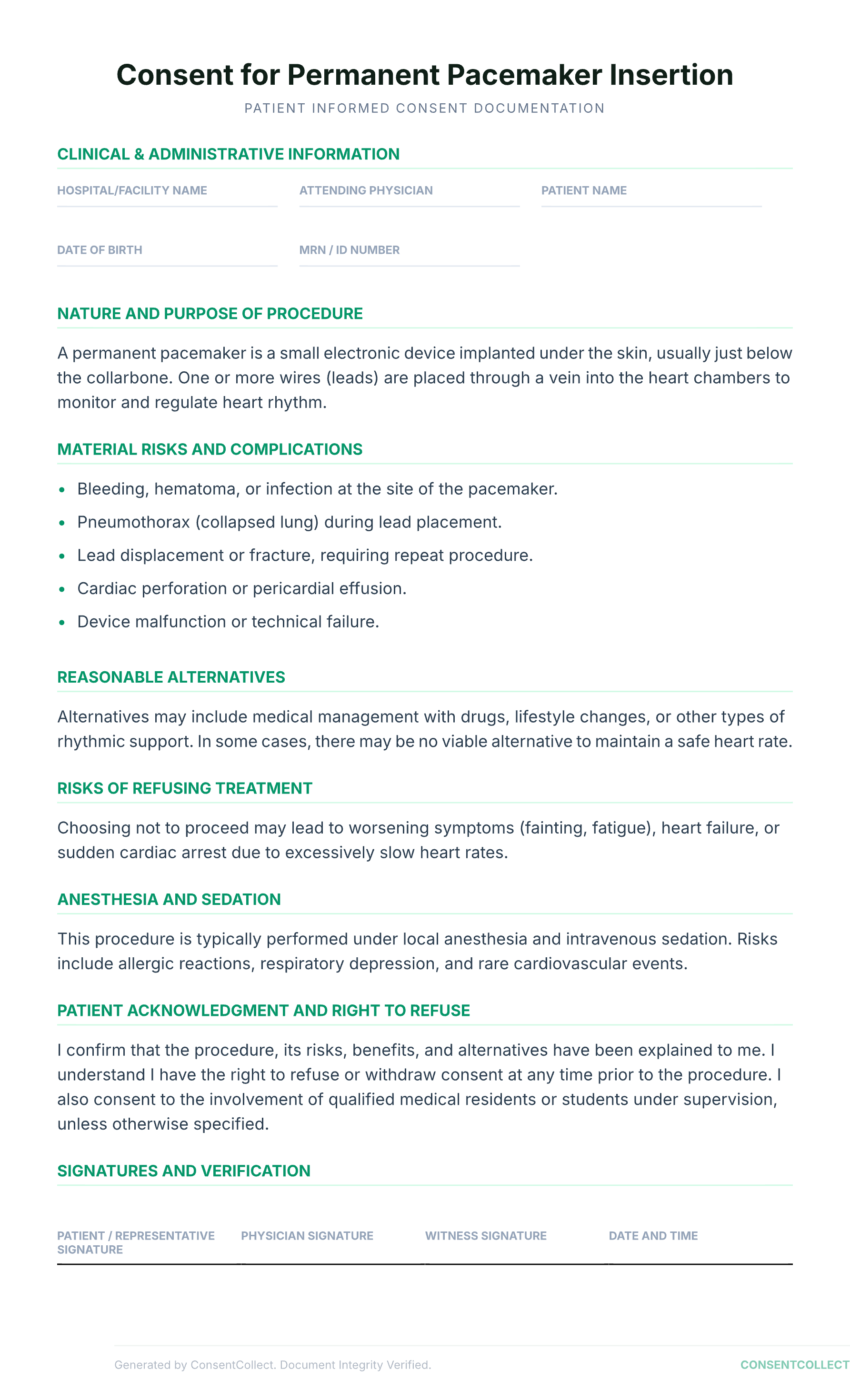Professional medical consent form template for Pacemaker Insertion