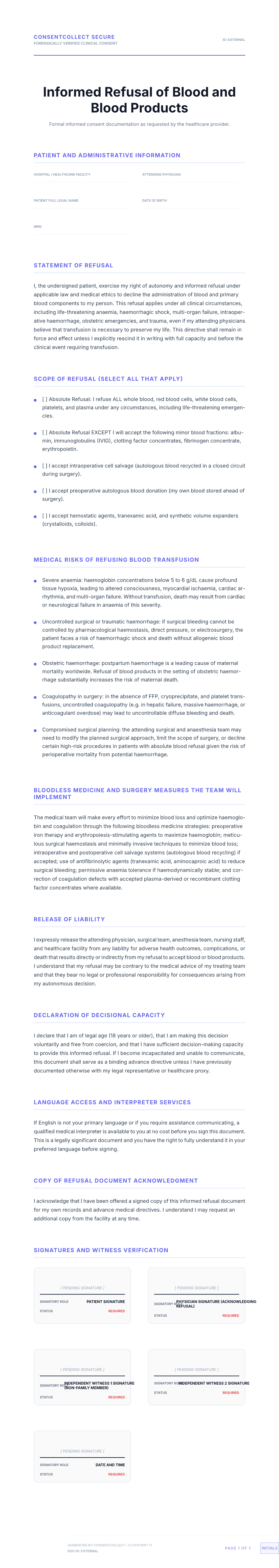 Professional medical consent form template for Refusal of Blood Products
