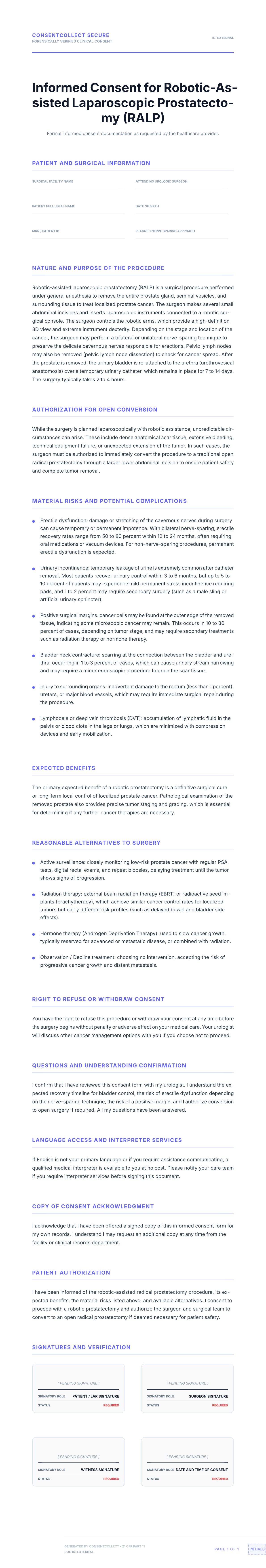 Professional medical consent form template for Robotic Prostatectomy