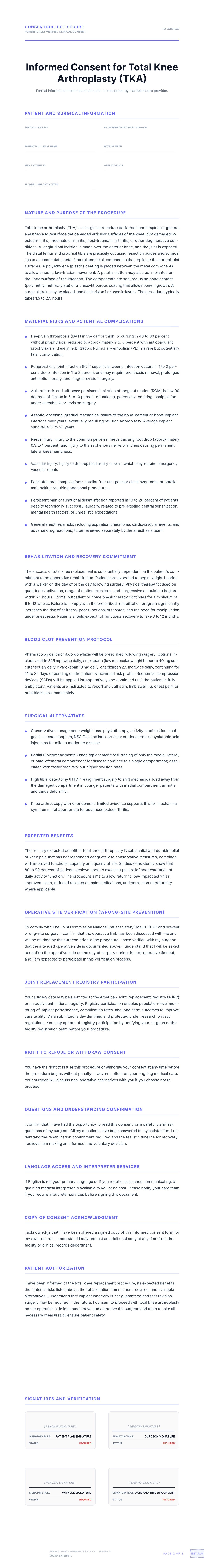 Professional medical consent form template for Total Knee Replacement