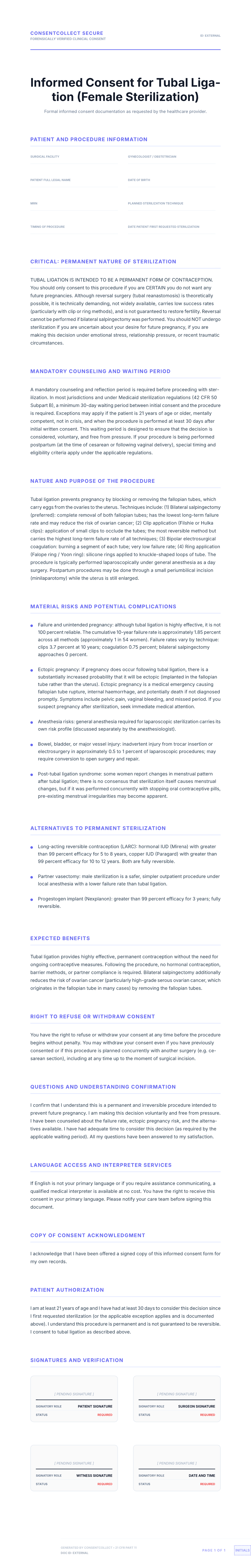 Professional medical consent form template for Tubal Ligation (Permanent Sterilization)