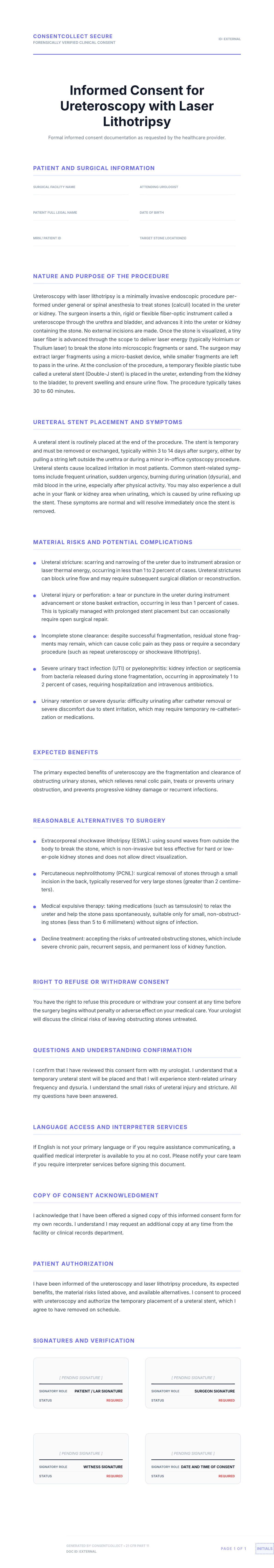Professional medical consent form template for Ureteroscopy with Laser Lithotripsy