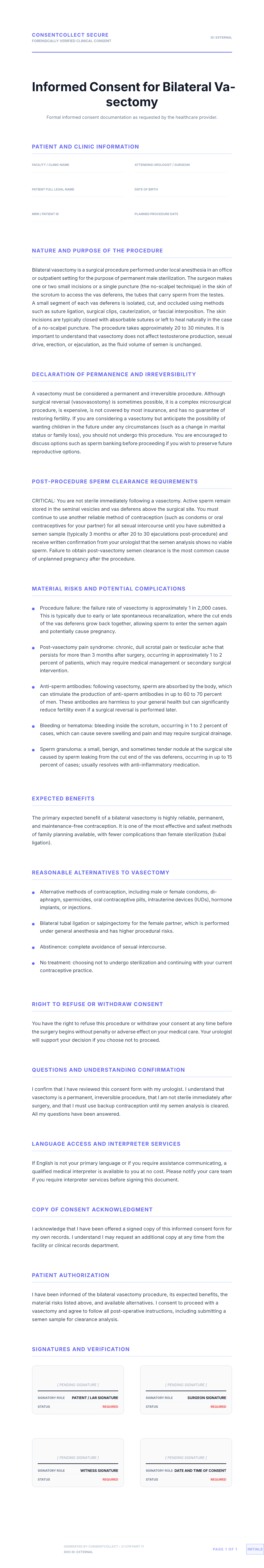 Professional medical consent form template for Vasectomy