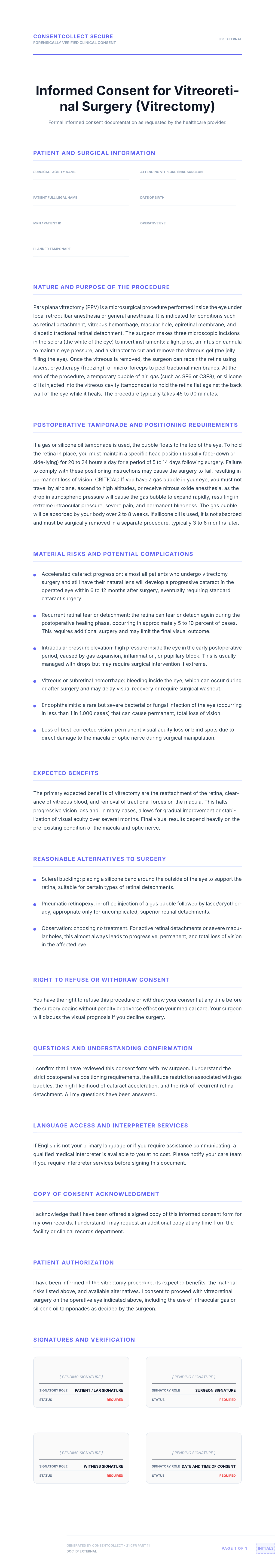 Professional medical consent form template for Vitrectomy