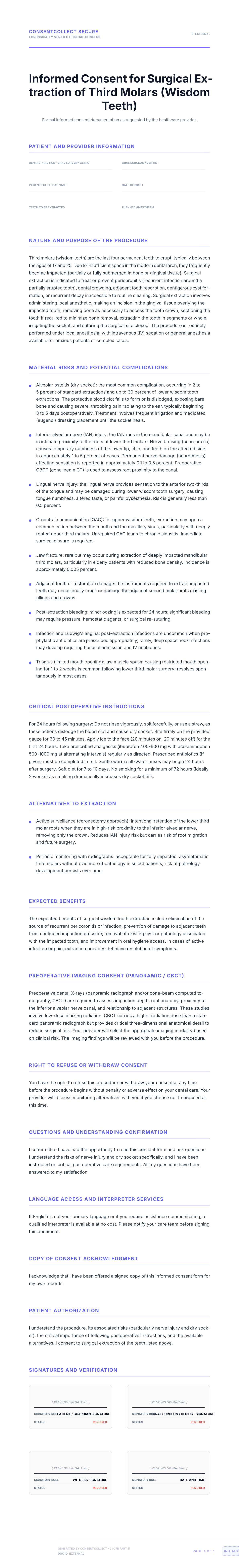 Professional medical consent form template for Wisdom Teeth Extraction